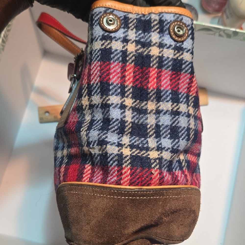 Coach Plaid Tote with Red and Brown Leather - Picture 8 of 16
